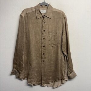 AT Anthony Tarassi 100% Linen Brown  Tan Button Down Shirt Woven Back Detail